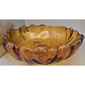 Vintage Sunflower Designed Lg. Bowl Deep Amber Scalloped‎ Edge On The Bottom
